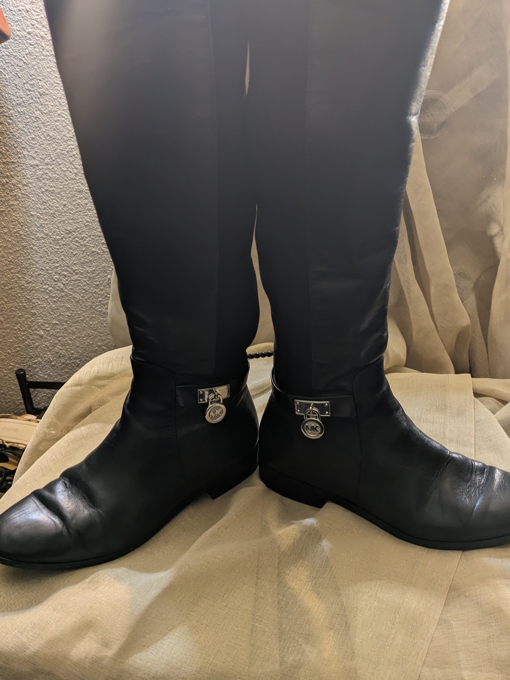 Michael Kors Black Leather Women’s Riding Boots with Silver MK Charms